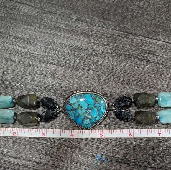 Boho turquoise, aquamarine & sterling bracelet - Picture 4 of 7
